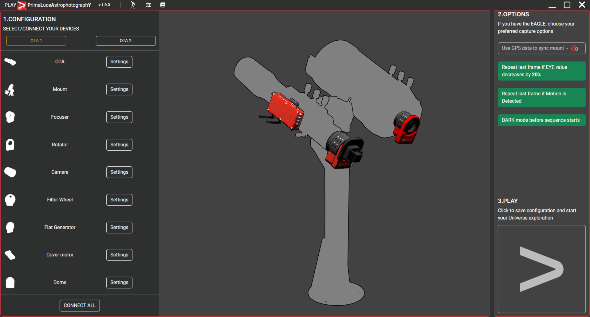 How to enable dual-telescope mode to simultaneously control 2 OTAs in PLAY