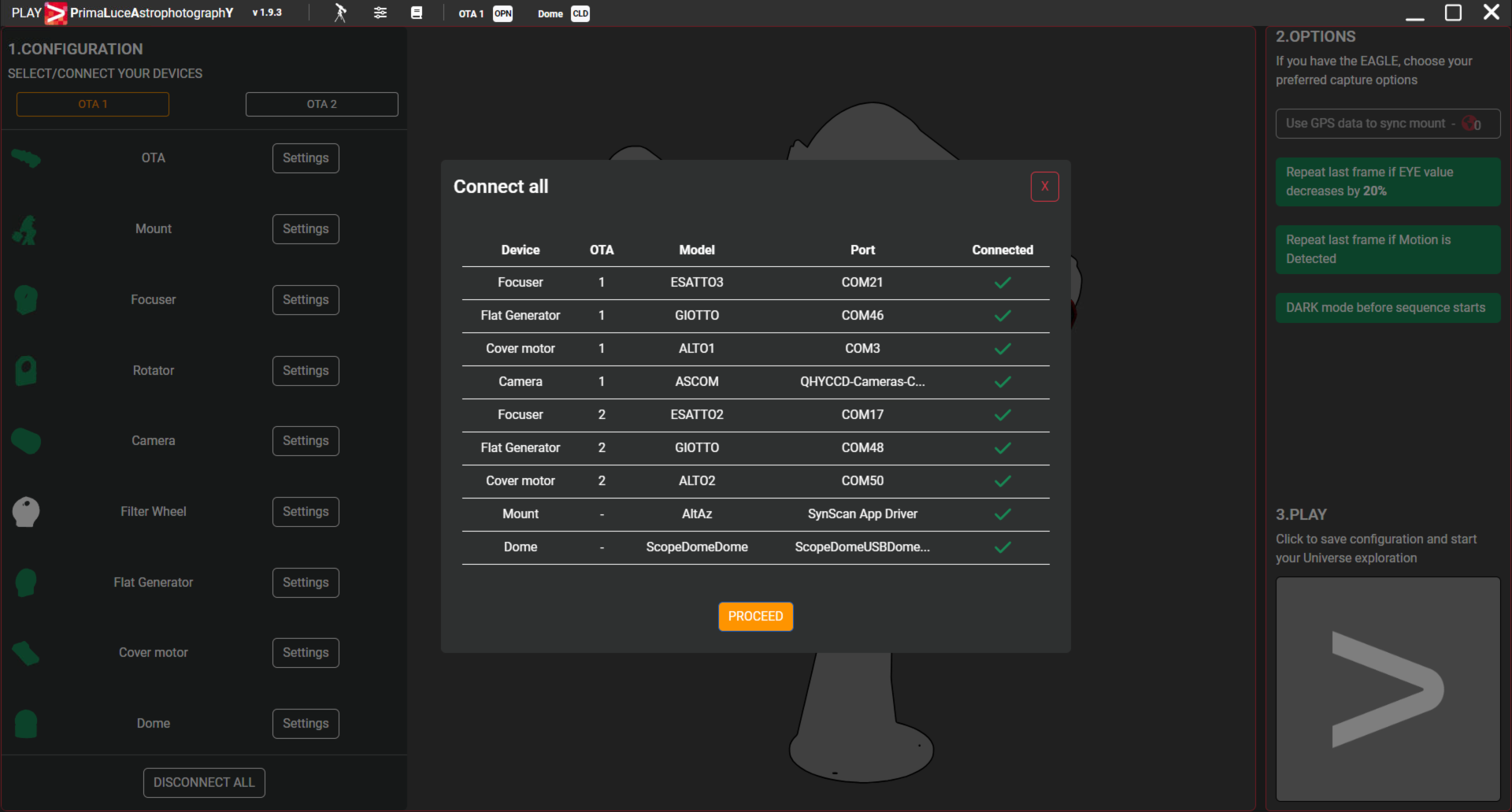 How to enable dual-telescope mode to simultaneously control 2 OTAs in PLAY