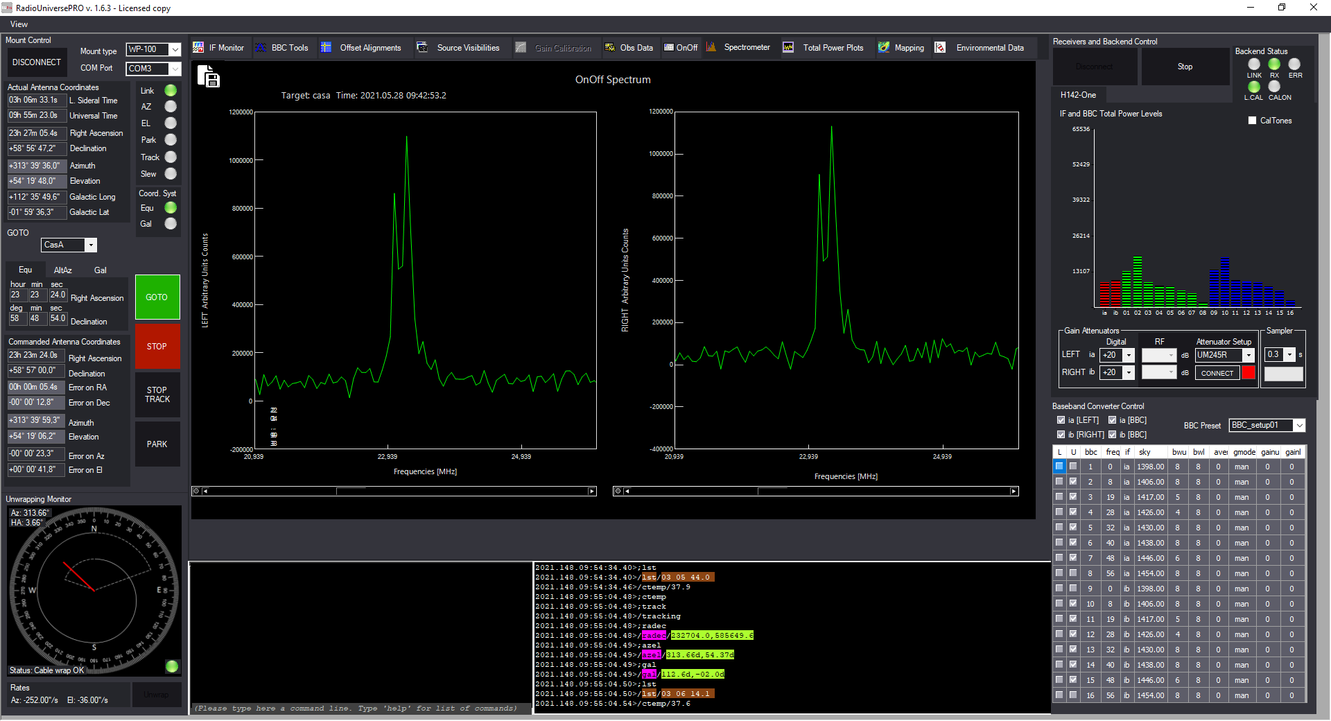 Cassiopea A recorded with SPIDER 300A radio telescope: calibrated spectrum of Cassiopea A with neutral hydrogen line at 1420 MHz.