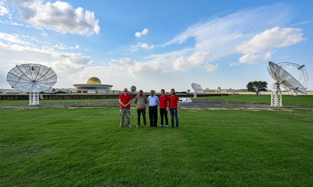 More SPIDER 500A radio telescopes installed in Sharjah Academy for Astronomy, Space Sciences & Technology: from the left: Dario Gava (Radio2Space installation services manager), Issam S. Abujami (SCASS IT & System Specialist), Professor Ilias Fernini (SCASS Professor of Physics and Astronomy), Filippo Bradaschia (Radio2Space general manager) and Omar Cauz (head designer of Radio2Space).