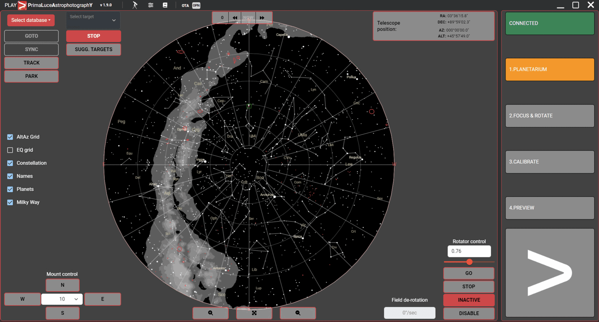 PLAY - Prima Luce AstrophotographY software: Planetarium sky chart
