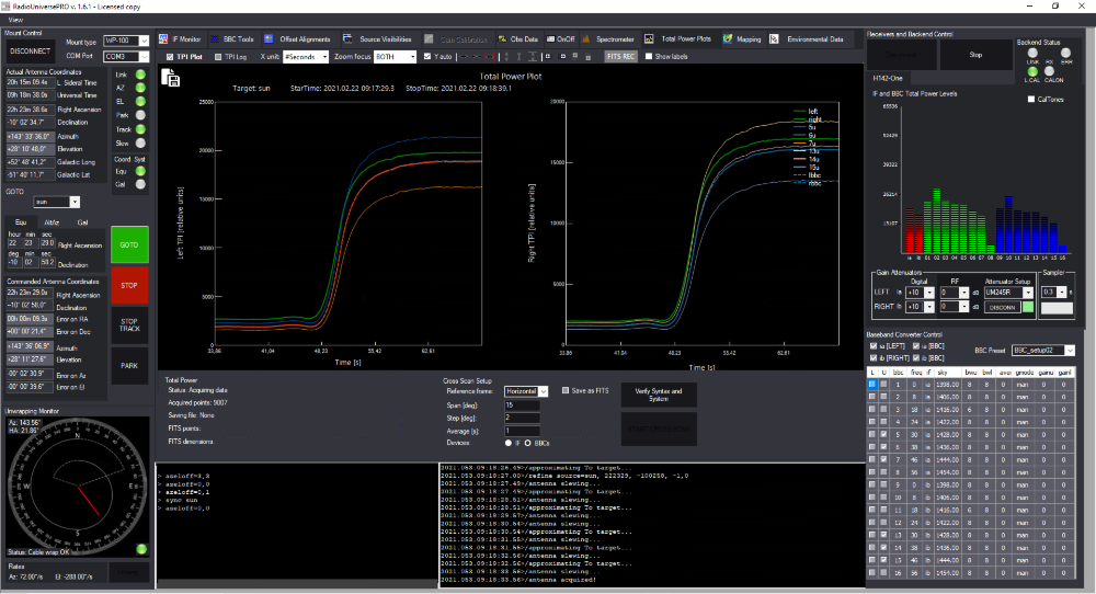 RadioUniversePRO radio astronomy software for SPIDER radio telescopes: Total Power Plots