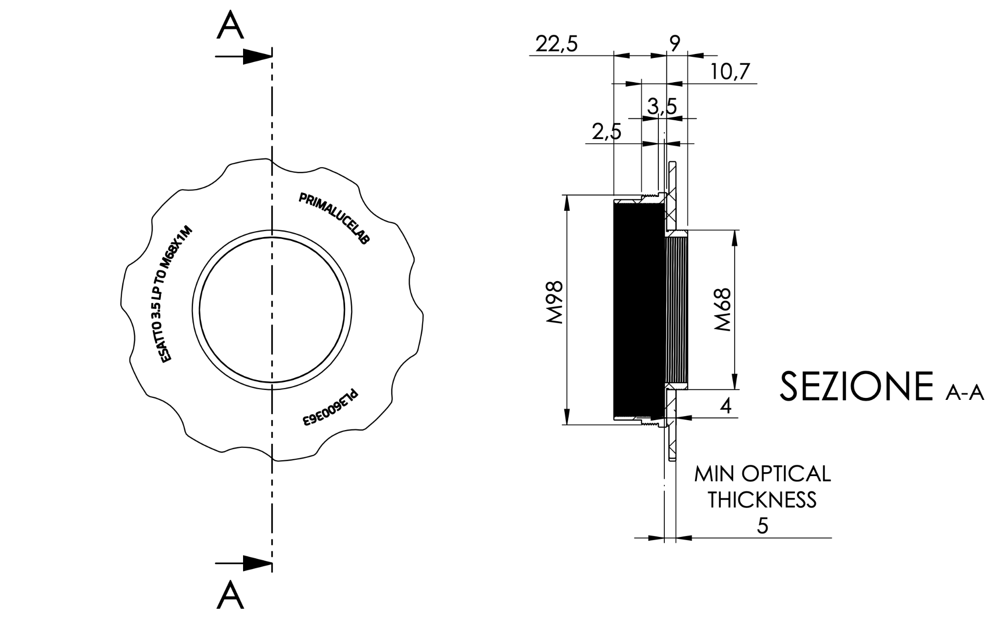 Adattatore da M98 a M68 con stop ring per ESATTO 3,5" LP